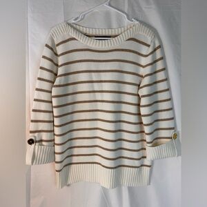 Jones New York Crew Neck White Sweater with Gold Stripes 3/4 sleeves Size XL‎